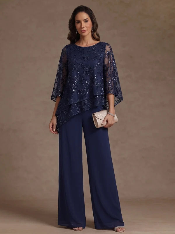 Robe Mère de la Mariée 2 Pièces Tailleur-Pantalon en Mousseline Florale à Col Rond Longueur au Sol Manches 3/4 à Paillettes
