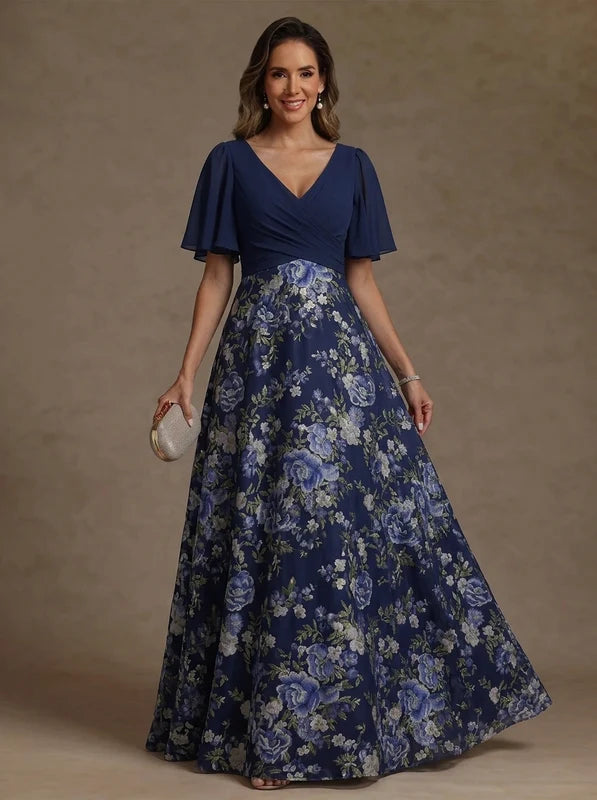 Robe Mère de la Mariée Ligne A/Princesse en Mousseline à Col V Longueur au Sol Manches Courtes Florale