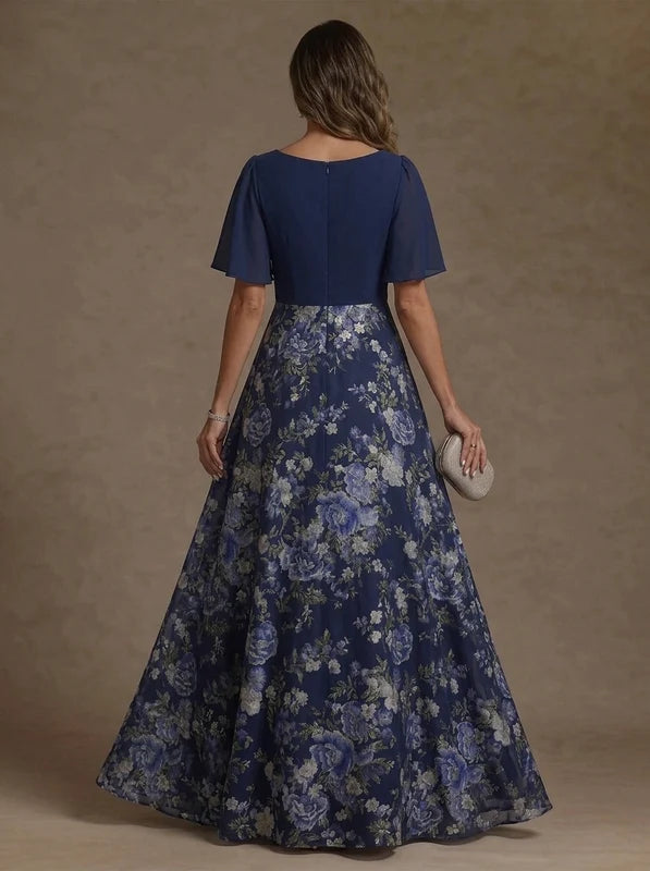 Robe Mère de la Mariée Ligne A/Princesse en Mousseline à Col V Longueur au Sol Manches Courtes Florale