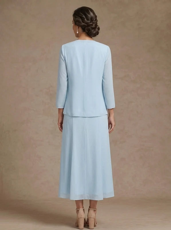 Robe Mère de la Mariée Ligne A/Princesse en Mousseline à Col Rond Longueur Midi Manches 3/4