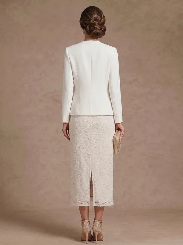 Robe Mère de la Mariée Gaine/Colonne en Satin Élastique à Col Cœur Longueur Midi Manches Longues