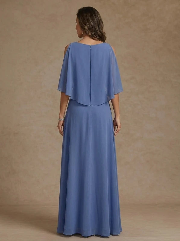 Robe Mère de la Mariée Ligne A/Princesse en Mousseline à Col Rond Longueur au Sol Manches Cape