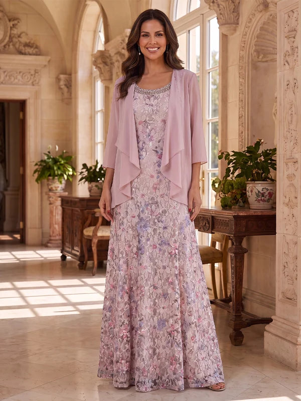 Robe Mère de la Mariée 2 Pièces Ligne A/Princesse Dentelle Brodée Col Rond Manches 3/4 Longueur au Sol