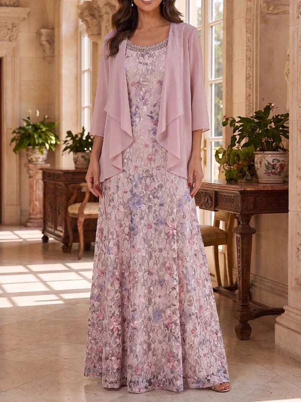 Robe Mère de la Mariée 2 Pièces Ligne A/Princesse Dentelle Brodée Col Rond Manches 3/4 Longueur au Sol