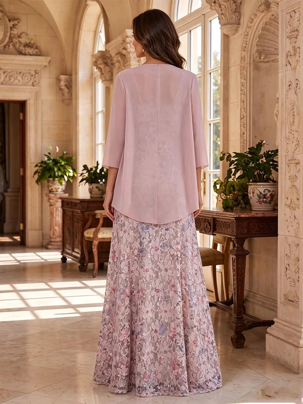 Robe Mère de la Mariée 2 Pièces Ligne A/Princesse Dentelle Brodée Col Rond Manches 3/4 Longueur au Sol