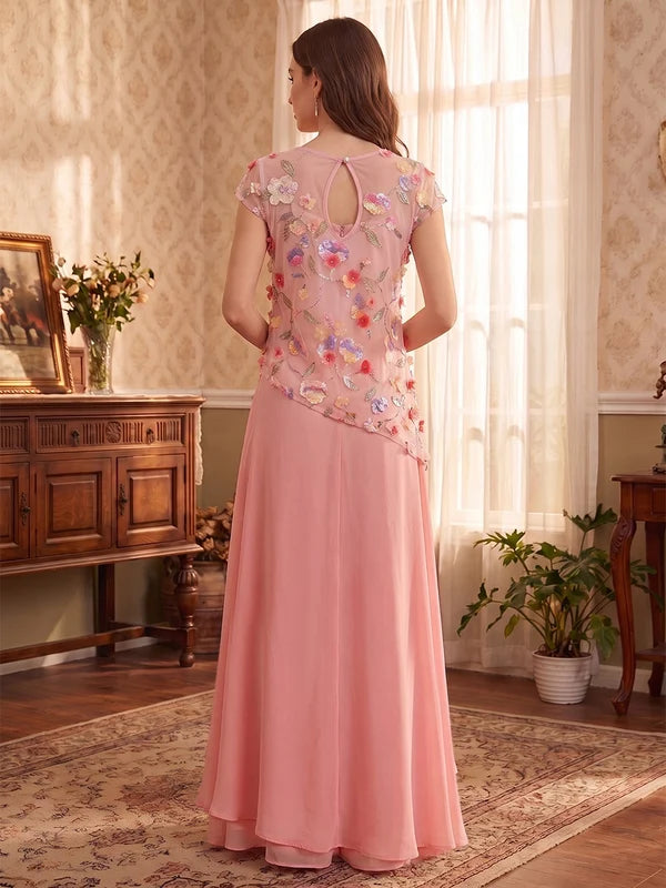 Robe Mère de la Mariée 2 Pièces Combinaison Dentelle Brodée Col Rond Manches Courtes Longueur au Sol