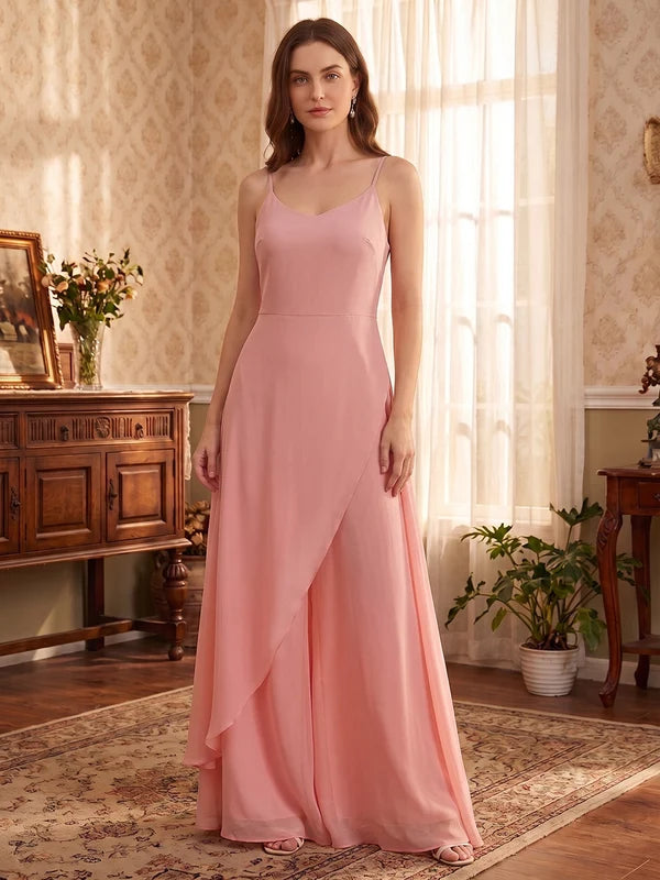Robe Mère de la Mariée 2 Pièces Combinaison Dentelle Brodée Col Rond Manches Courtes Longueur au Sol