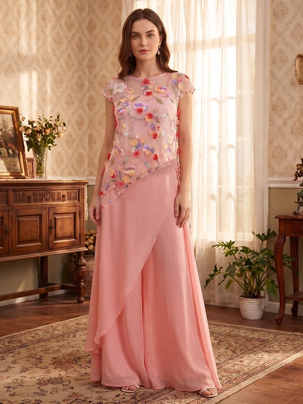 Robe Mère de la Mariée 2 Pièces Combinaison Dentelle Brodée Col Rond Manches Courtes Longueur au Sol
