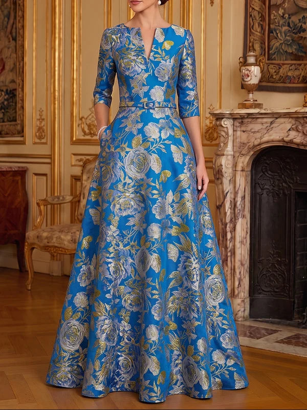 Robe Mère de la Mariée Ligne A/Princesse en Jacquard Col V Manches 3/4 Longueur au Sol avec Ceinture