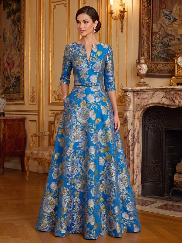 Robe Mère de la Mariée Ligne A/Princesse en Jacquard Col V Manches 3/4 Longueur au Sol avec Ceinture