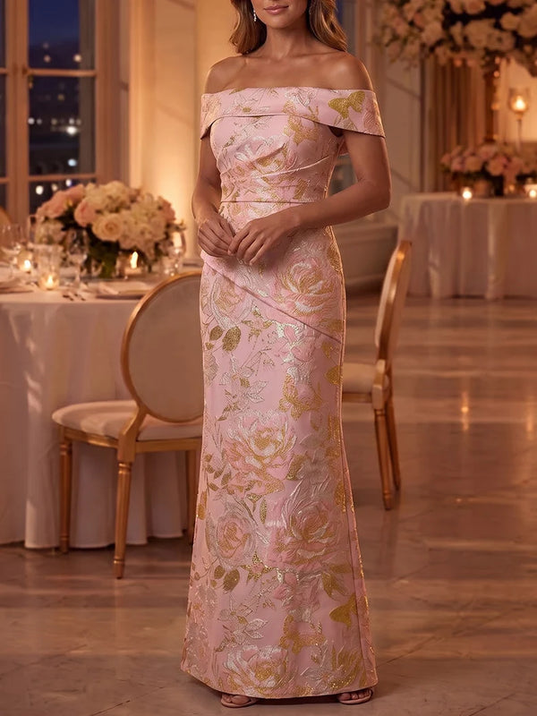 Robe Mère de la Mariée Gaine/Colonne en Jacquard Hors de l'Épaule Sans Manches Longueur au Sol