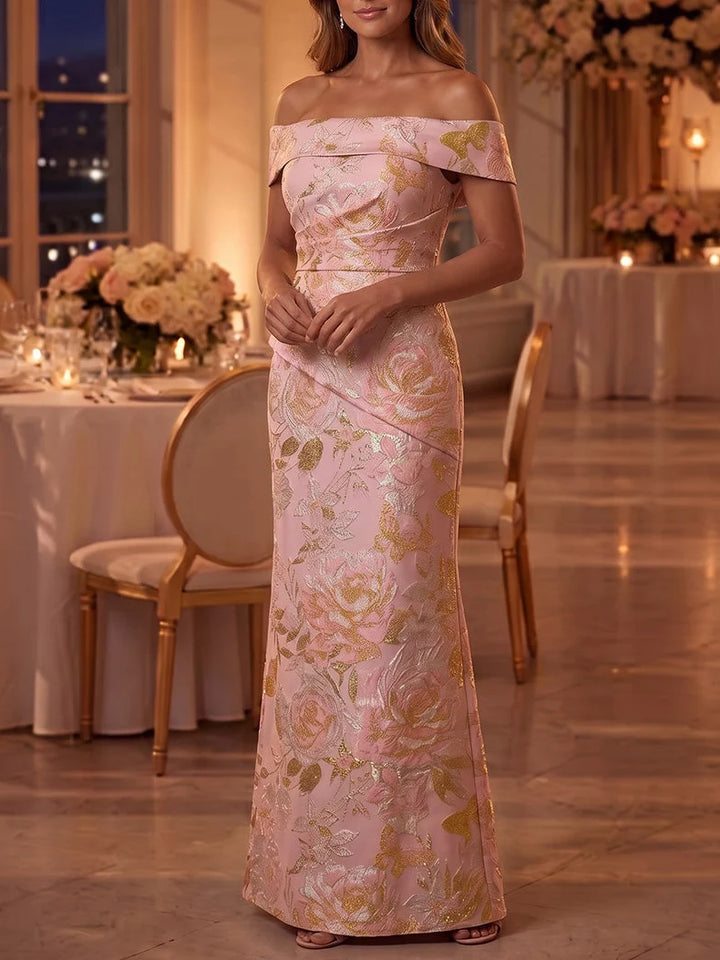 Robe Mère de la Mariée Gaine/Colonne en Jacquard Hors de l'Épaule Sans Manches Longueur au Sol