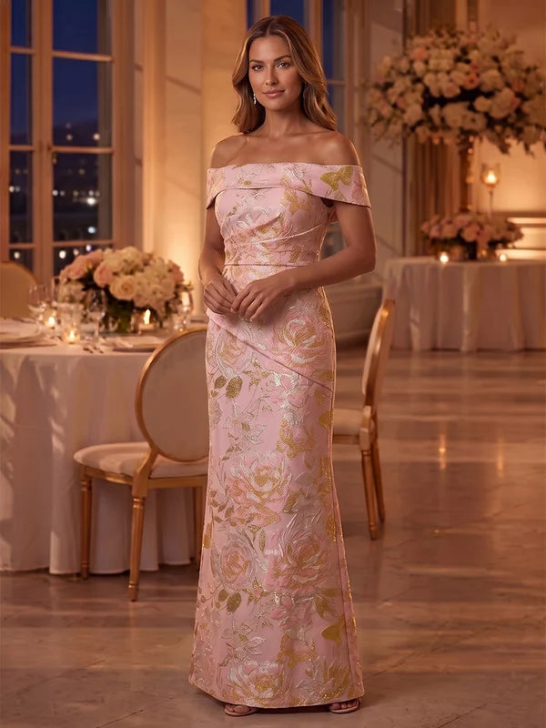 Robe Mère de la Mariée Gaine/Colonne en Jacquard Hors de l'Épaule Sans Manches Longueur au Sol