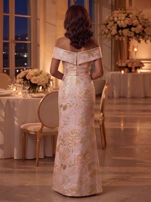 Robe Mère de la Mariée Gaine/Colonne en Jacquard Hors de l'Épaule Sans Manches Longueur au Sol