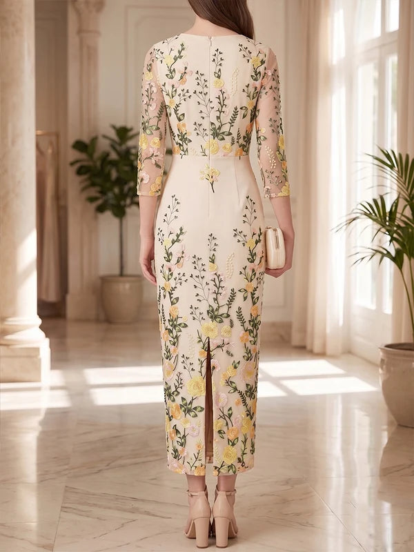 Robe Mère de la Mariée Gaine/Colonne Dentelle Brodée Col Rond Manches 3/4 Longueur Midi Florale