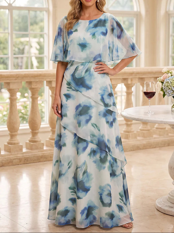 Robe Mère de la Mariée Ligne A/Princesse Mousseline Florale Col Rond Manches Cape Longueur au Sol