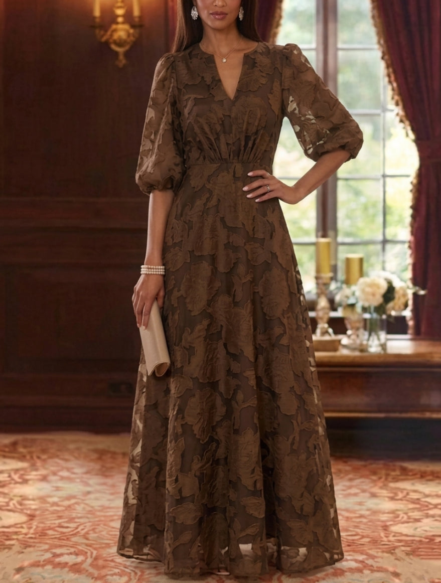 Robe Mère de la Mariée Ligne A/Princesse Mousseline Florale Col V Manches Mi-Longues Longueur au Sol