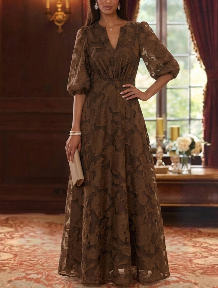Robe Mère de la Mariée Ligne A/Princesse Mousseline Florale Col V Manches Mi-Longues Longueur au Sol