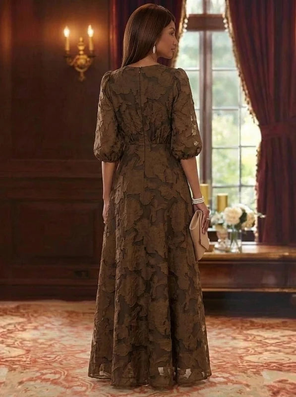 Robe Mère de la Mariée Ligne A/Princesse Mousseline Florale Col V Manches Mi-Longues Longueur au Sol