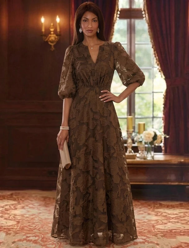 Robe Mère de la Mariée Ligne A/Princesse Mousseline Florale Col V Manches Mi-Longues Longueur au Sol