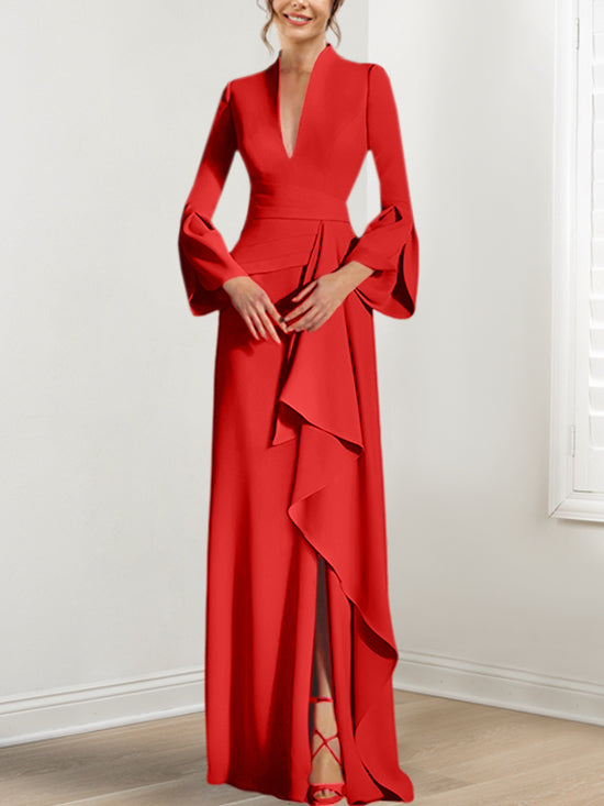 Robe de Mère de la Mariée Fourreau/Colonne à Col en V et Manches Longues, Longueur Au Sol, avec Fente Sur le Côté