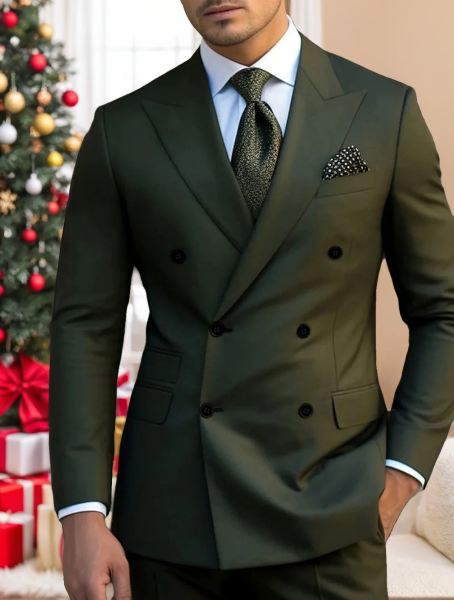 Costume de Mariage 2 Pièces Vert pour Homme, Coupe Ajustée, Croisé, Six Boutons, Couleur Unie