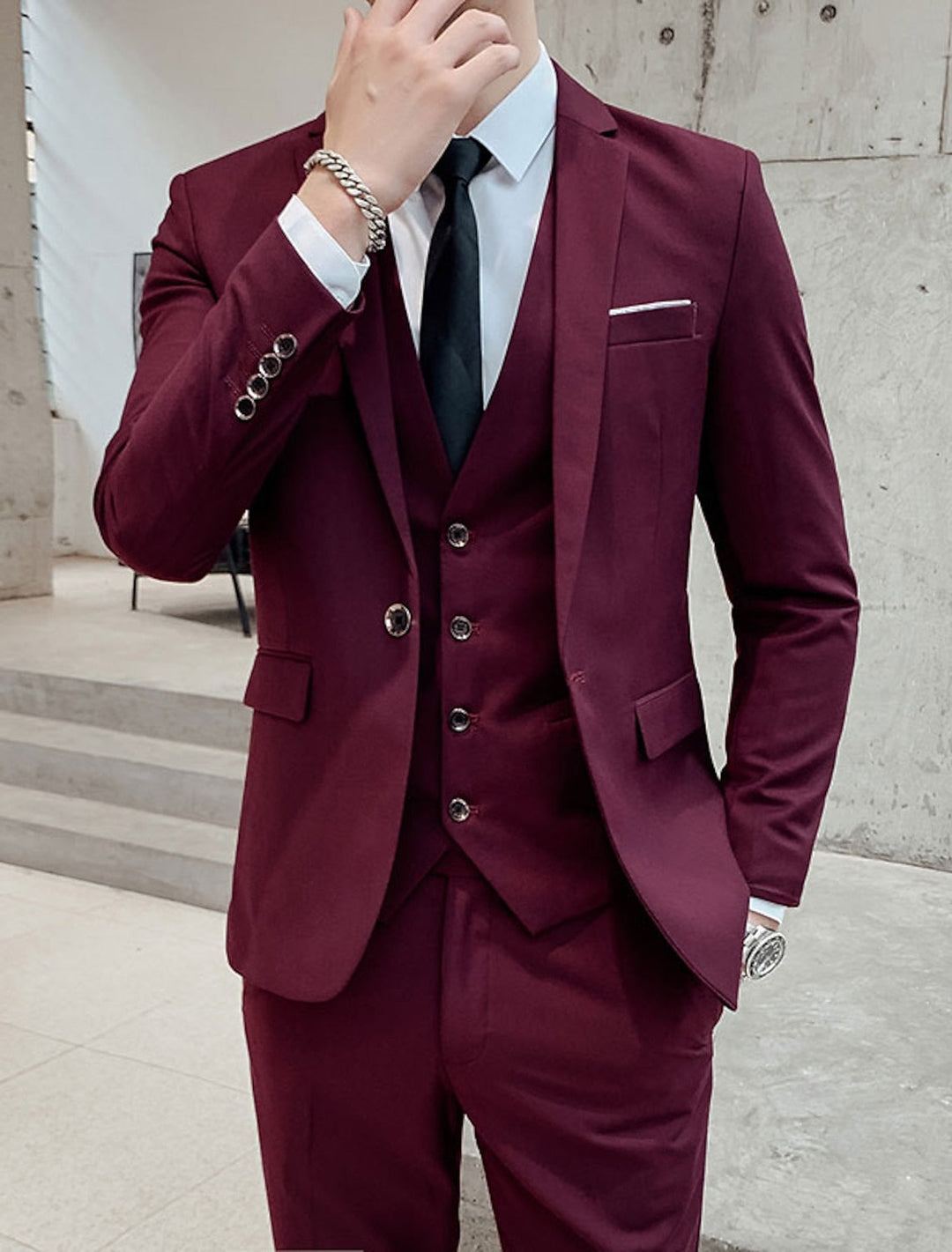 Costumes de Mariage 3 Pièces pour Hommes, Coupe Ajustée, Simple Boutonnage, Deux Boutons, Couleur Unie