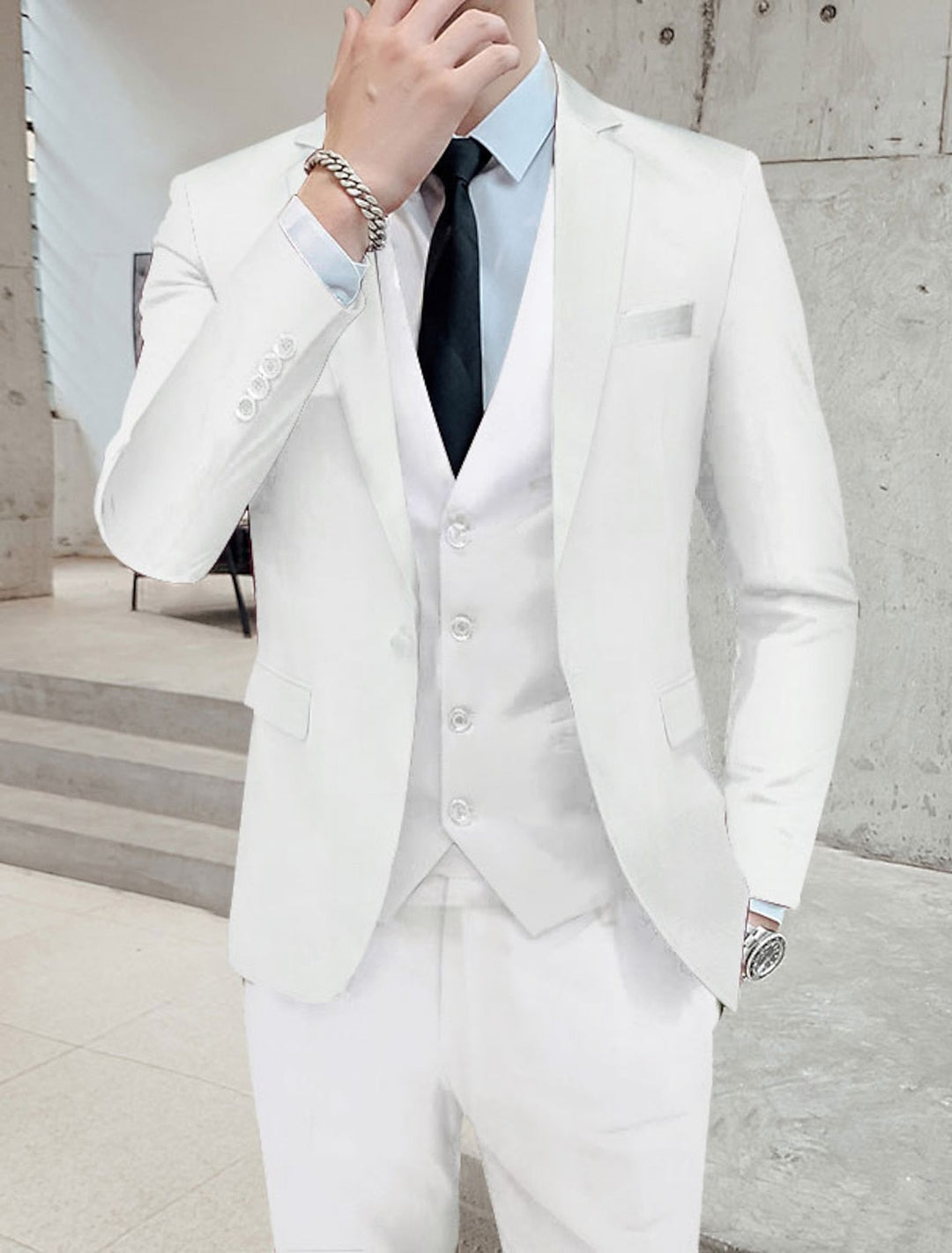 Costumes de Mariage 3 Pièces pour Hommes, Coupe Ajustée, Simple Boutonnage, Deux Boutons, Couleur Unie