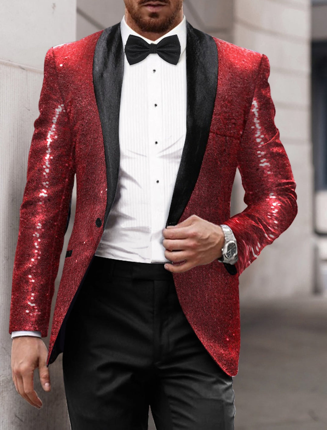 Veste de soirée à paillettes pour hommes, coupe ajustée, simple boutonnage, un bouton, or, rouge, bleu, argent