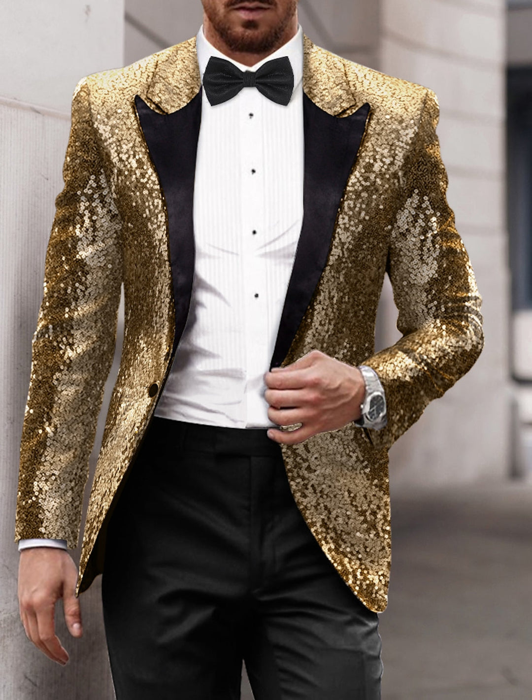 Veste de soirée à paillettes pour hommes, coupe ajustée, simple boutonnage, un bouton, or, rouge, bleu, gris, violet