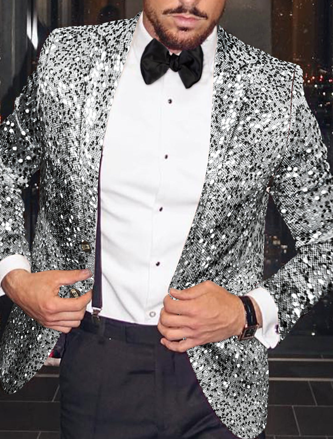 Veste de soirée à paillettes pour hommes, coupe ajustée, simple boutonnage, un bouton, or et argent