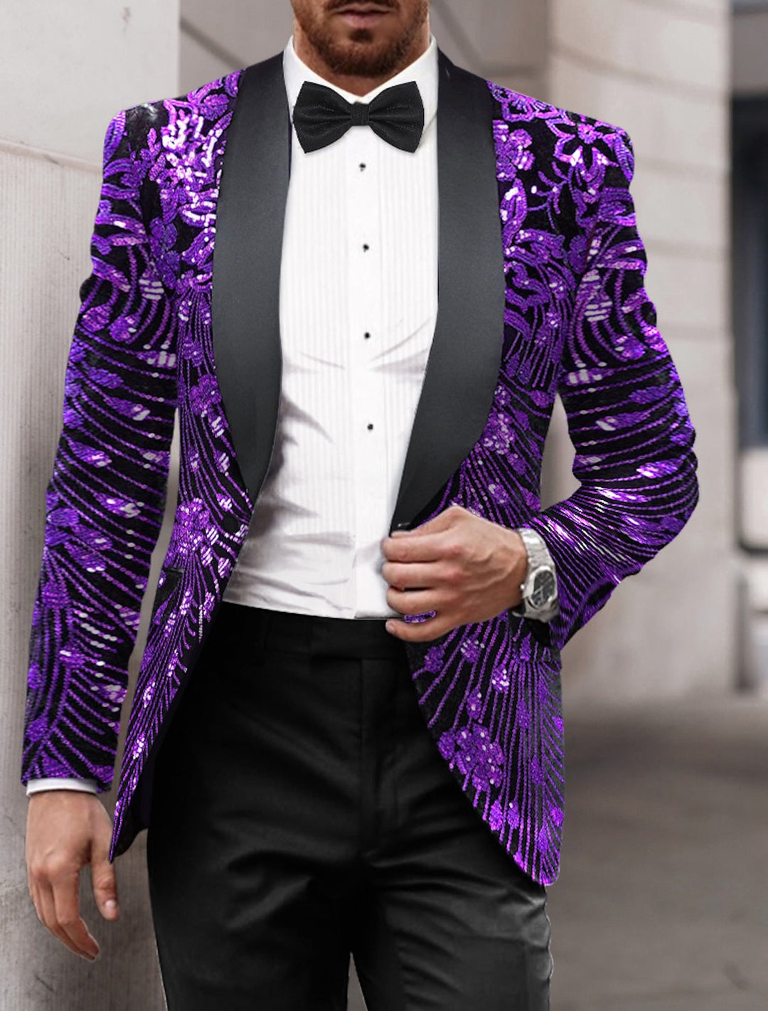 Veste de soirée à paillettes pour hommes, coupe ajustée, simple boutonnage, un bouton, or, rouge, bleu, violet