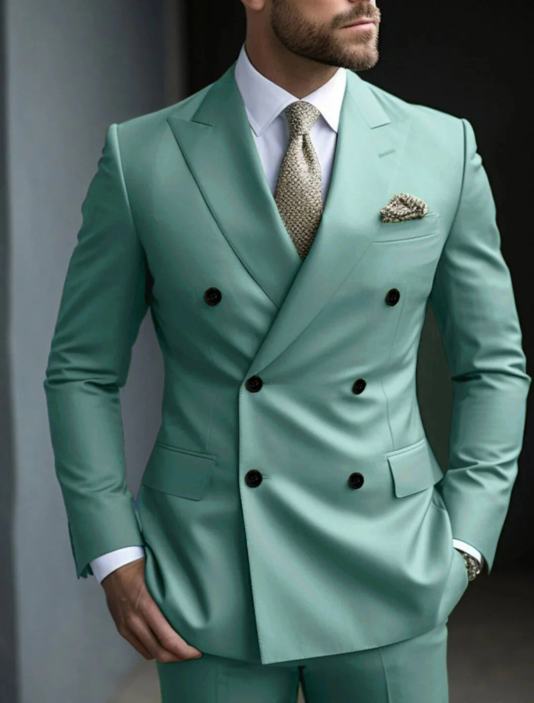 Costume de Soirée 2 Pièces Vert pour Homme, Coupe Ajustée, Couleur Unie, Croisé, à Six Boutons