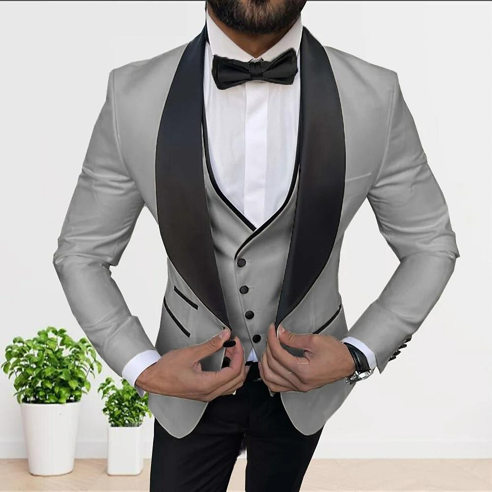 Blanc Champagne Gris Homme Coupe Ajustée 3 Pièces Couleur Pleine Simple Boutonnage 1 Bouton Costumes de Soirée