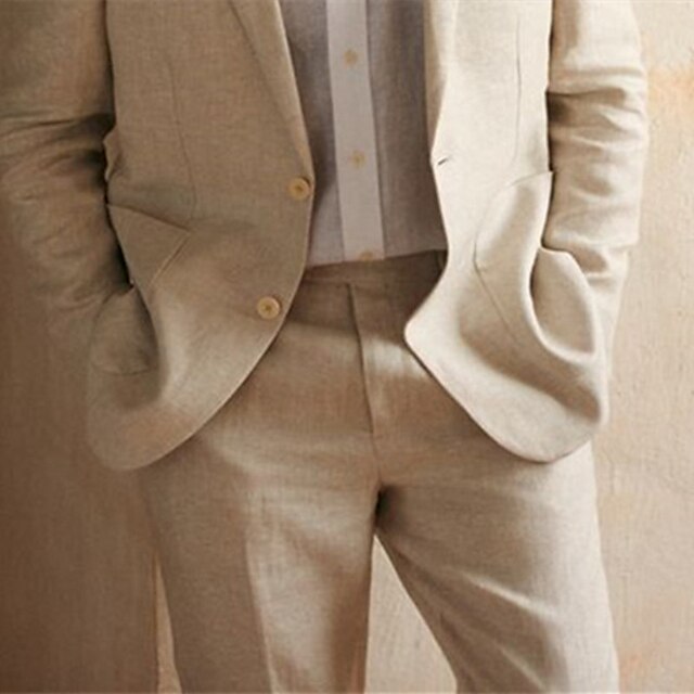Costumes 2 Pièces en Lin à Coupe Ajustée pour Hommes, à Simple Boutonnage et à Deux Boutons