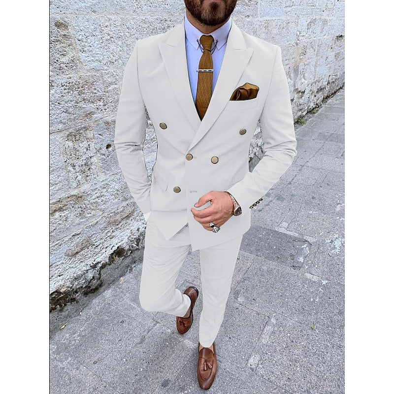 Costumes de Mariage 2 Pièces pour Hommes, Coupe Ajustée, Croisé, Six Boutons, Couleur Unie