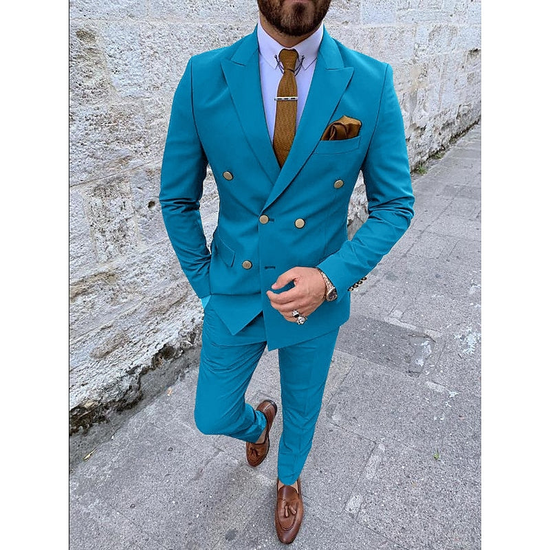 Costumes de Mariage 2 Pièces pour Hommes, Coupe Ajustée, Croisé, Six Boutons, Couleur Unie