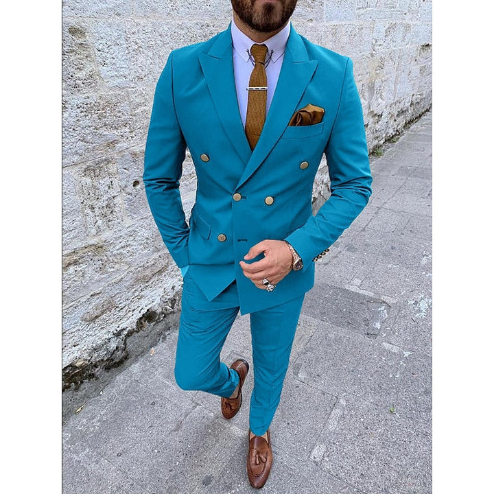 Costumes de Mariage 2 Pièces pour Hommes, Coupe Ajustée, Croisé, Six Boutons, Couleur Unie