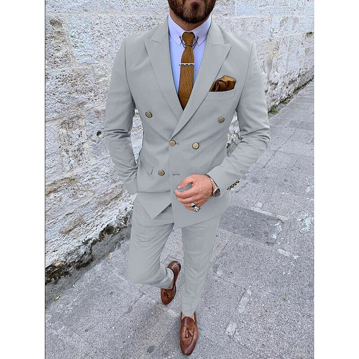Costumes de Mariage 2 Pièces pour Hommes, Coupe Ajustée, Croisé, Six Boutons, Couleur Unie