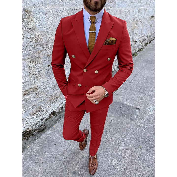 Costumes de Mariage 2 Pièces pour Hommes, Coupe Ajustée, Croisé, Six Boutons, Couleur Unie
