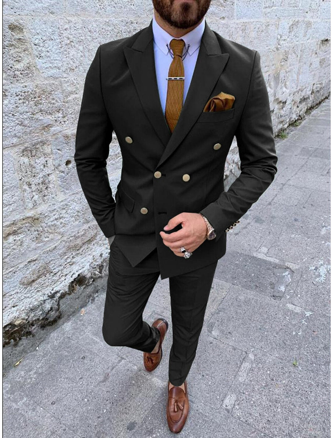 Costumes de Mariage 2 Pièces pour Hommes, Coupe Ajustée, Croisé, Six Boutons, Couleur Unie