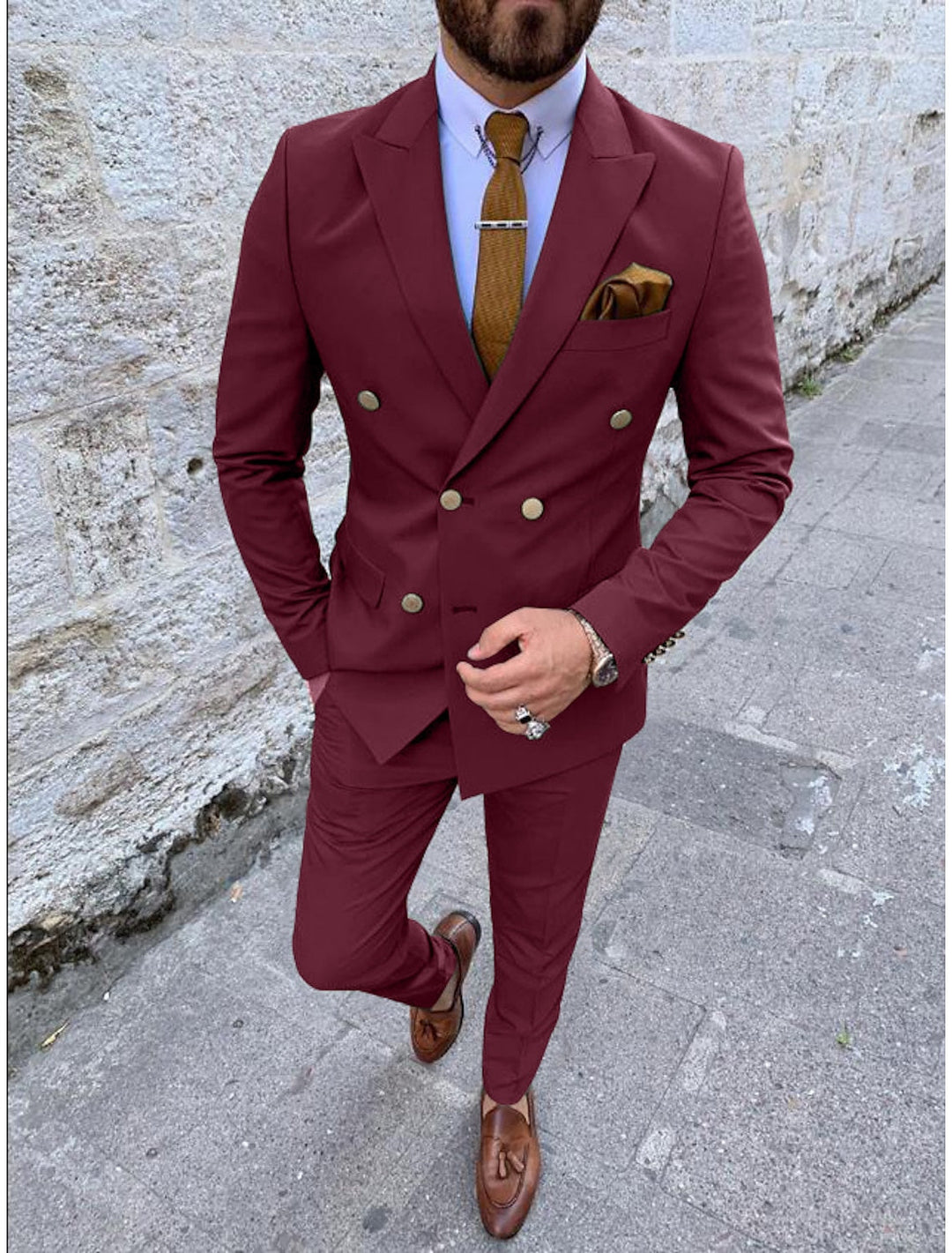 Costumes de Mariage 2 Pièces pour Hommes, Coupe Ajustée, Croisé, Six Boutons, Couleur Unie