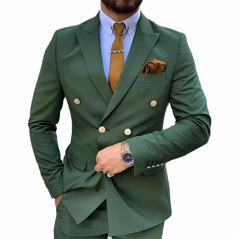 Costumes de Mariage 2 Pièces pour Hommes, Coupe Ajustée, Croisé, Six Boutons, Couleur Unie
