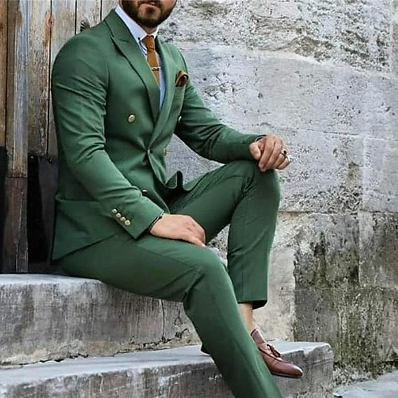 Costumes de Mariage 2 Pièces pour Hommes, Coupe Ajustée, Croisé, Six Boutons, Couleur Unie