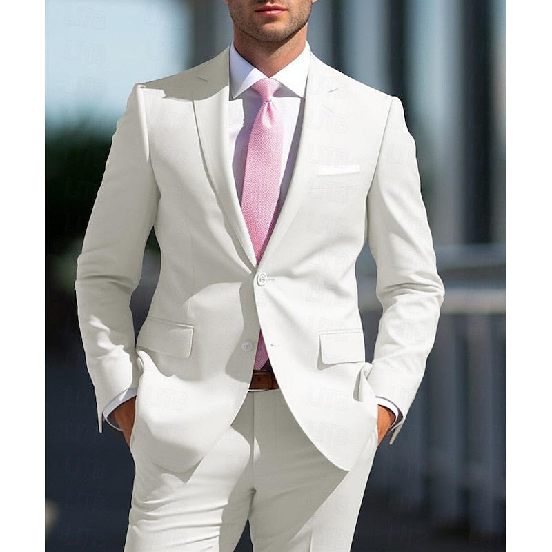 Costumes de Mariage 2 Pièces Blancs et Roses pour Hommes, Coupe Ajustée, Simple Boutonnage, Deux Boutons
