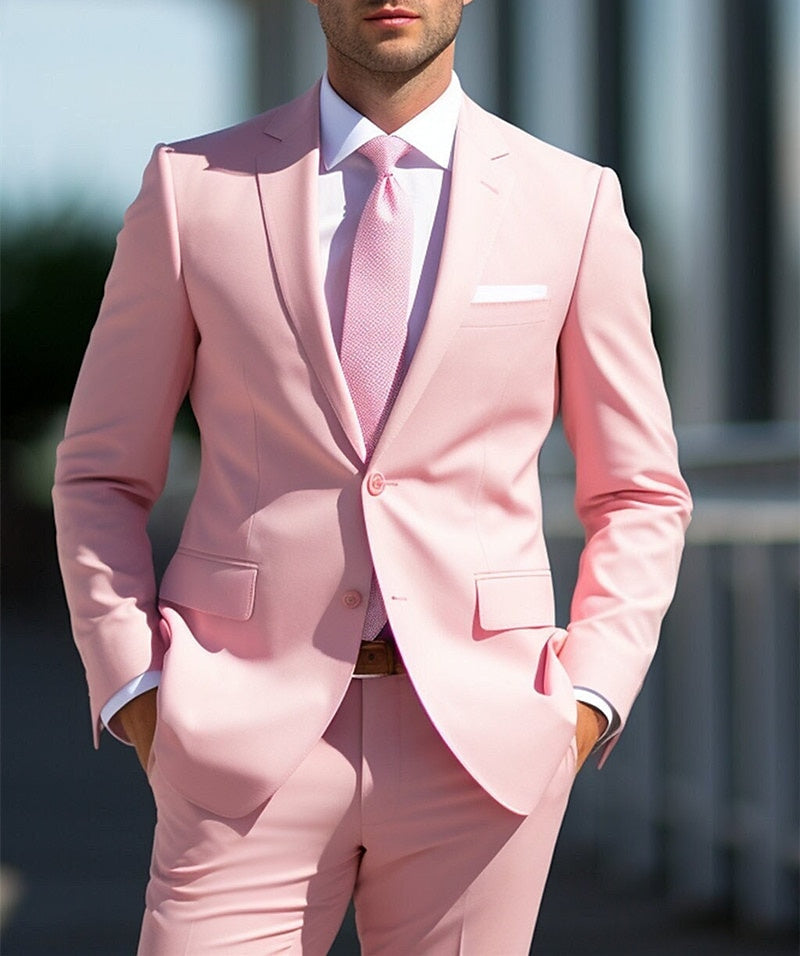 Costumes de Mariage 2 Pièces Blancs et Roses pour Hommes, Coupe Ajustée, Simple Boutonnage, Deux Boutons