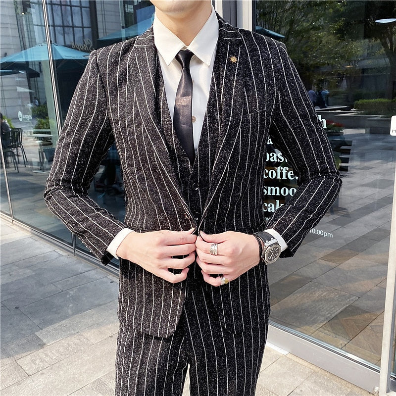 Costumes de Mariage 3 Pièces pour Hommes, Coupe Ajustée, Simple Boutonnage, Noir Ivoire
