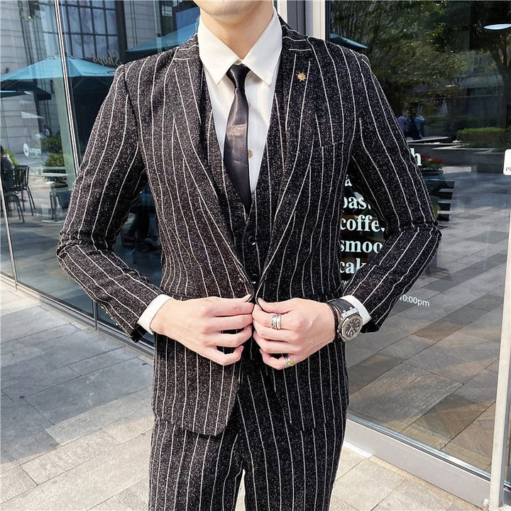 Costumes de Mariage 3 Pièces pour Hommes, Coupe Ajustée, Simple Boutonnage, Noir Ivoire