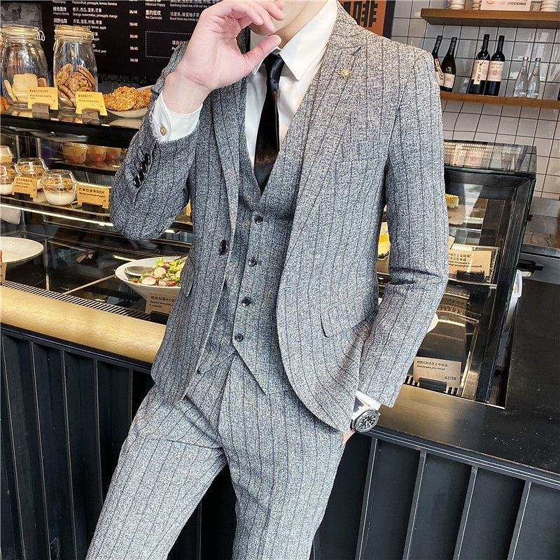 Costumes de Mariage 3 Pièces pour Hommes, Coupe Ajustée, Simple Boutonnage, Noir Ivoire