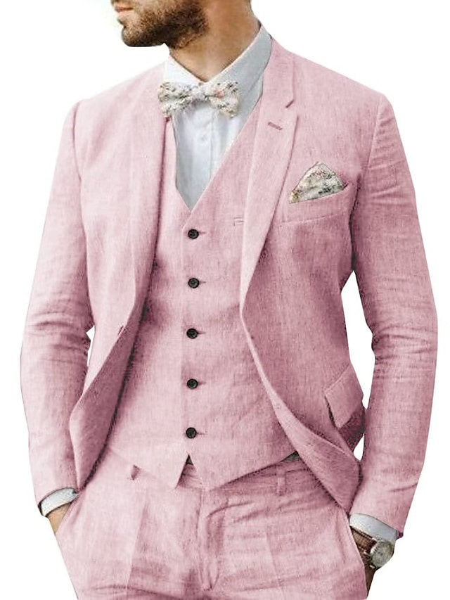 Costumes de Mariage 3 Pièces en Lin pour Hommes, Coupe Ajustée, Simple Boutonnage, Deux Boutons
